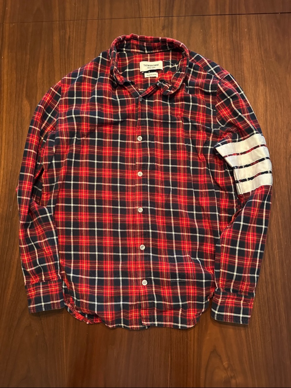 Thom Browne Red & Navy Plaid Cotton Button-Down Shirt with Elbow Patch